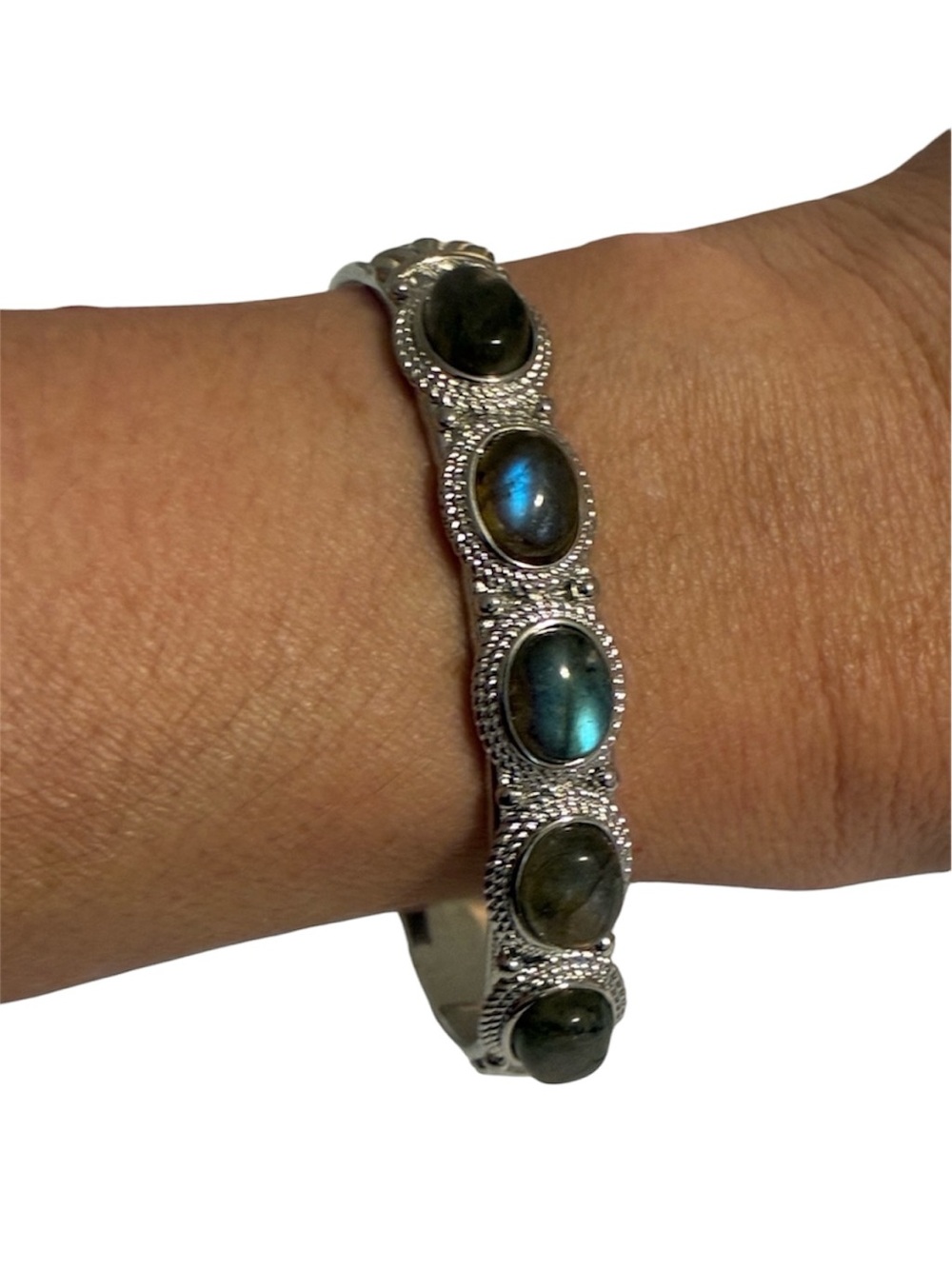 Sterling-Style Labradorite Oval Stone Bangle Bracelet in Gray-Blue